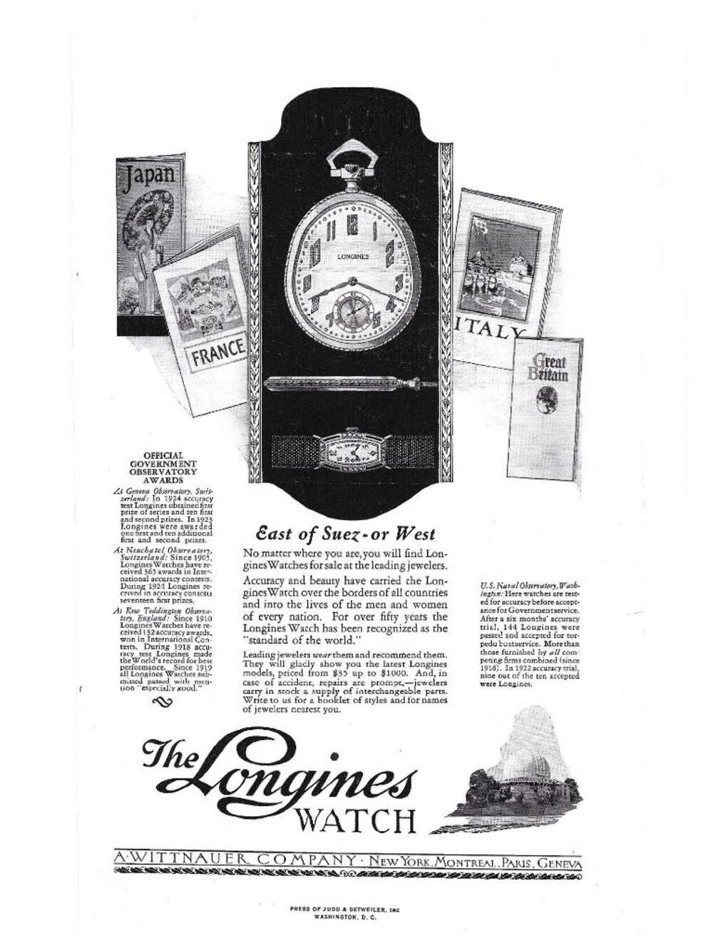 Print Ad Longines Watch East Of Suez Or West Travel 1925 Vintage AD